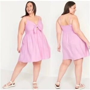 Old Navy Fit & Flare Tie-Front Smocked Linen-Blend Mini Cami Dress Size XL Pink
